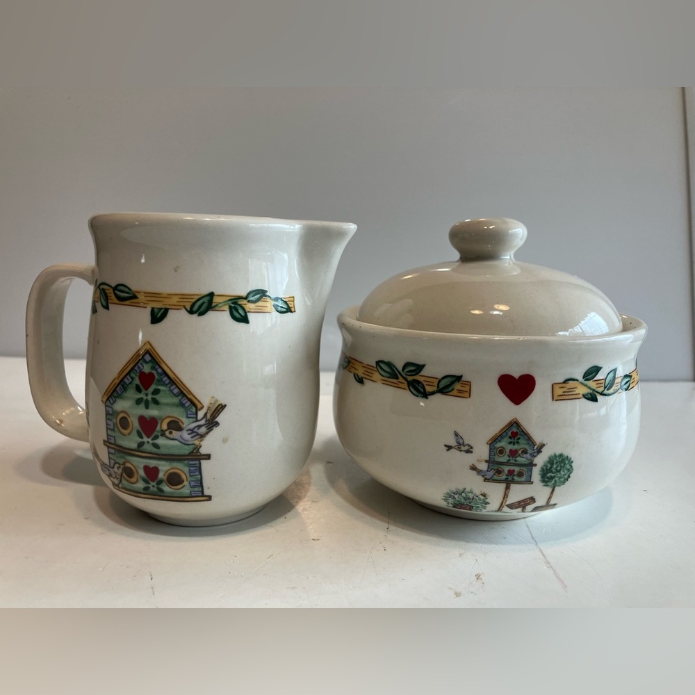 Thomson Pottery Ceramic Birdhouse Sugar Bowl & Creamer Set Pattern on Both Sides